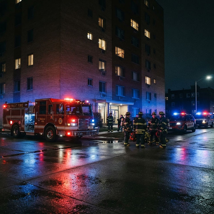 Detroit firefighters rescuing a resident from a west side apartment fire - emergency fire watch and building security response