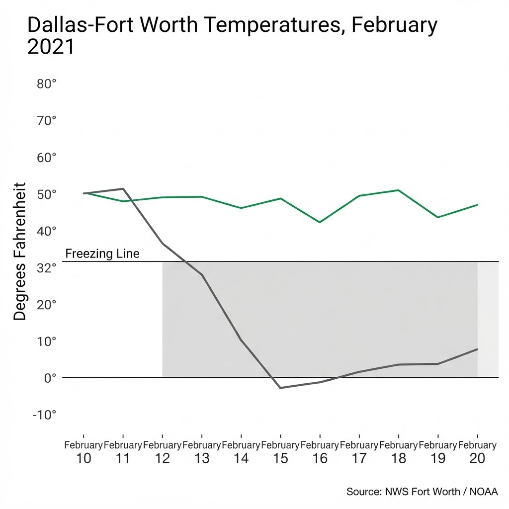 Line chart of Dallas-Fort Worth temperatures in February 2021, with the Winter Storm Uri plunge to minus 2 degrees on February 16 and a shaded band of sustained subfreezing hours, compared with a normal-year baseline. Source: NWS Fort Worth and NOAA.