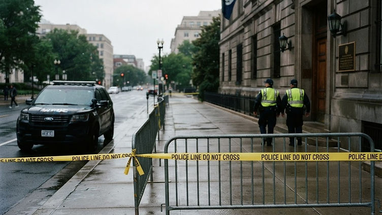Illustration of a cordoned District street outside a stone embassy building. Editorial illustration, not a photograph of the incident.