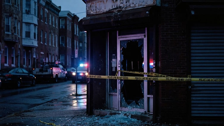 Shattered glass storefront door taped off by police on a Baltimore commercial street before dawn, illustrating the Remington business burglary spree