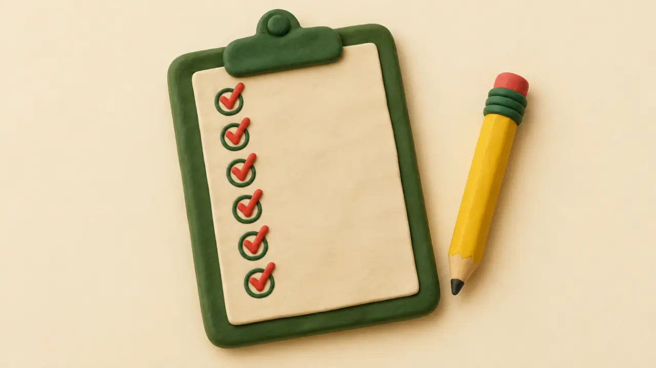 Claymation clipboard with a column of red ticks and a yellow pencil