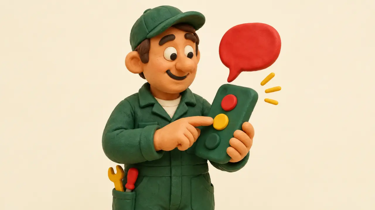 Claymation plumber tapping a big chunky phone as a red speech bubble pops up