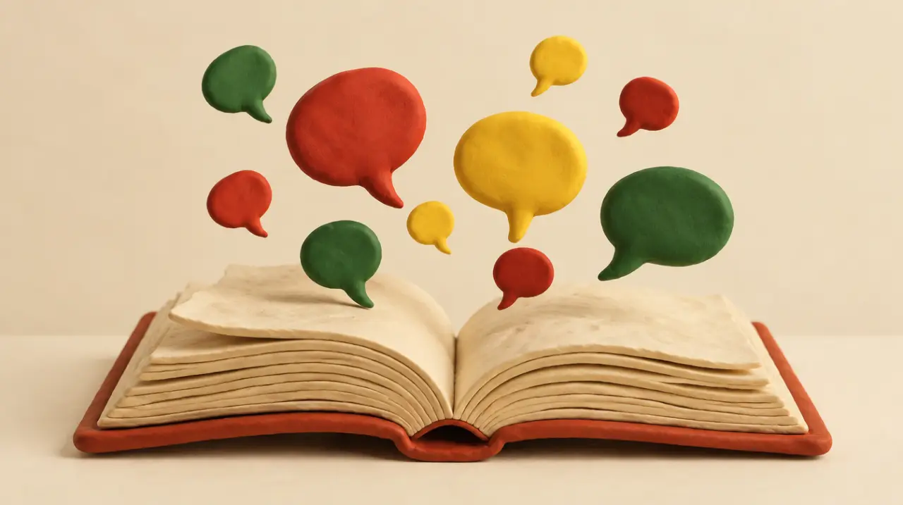 Claymation open dictionary with colourful speech bubbles rising from its pages