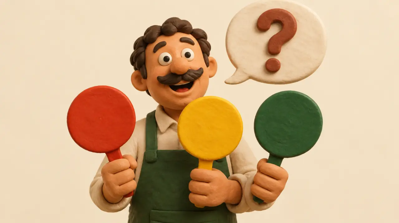 Claymation shopkeeper holding up red, yellow and green paddles under a question-mark speech bubble