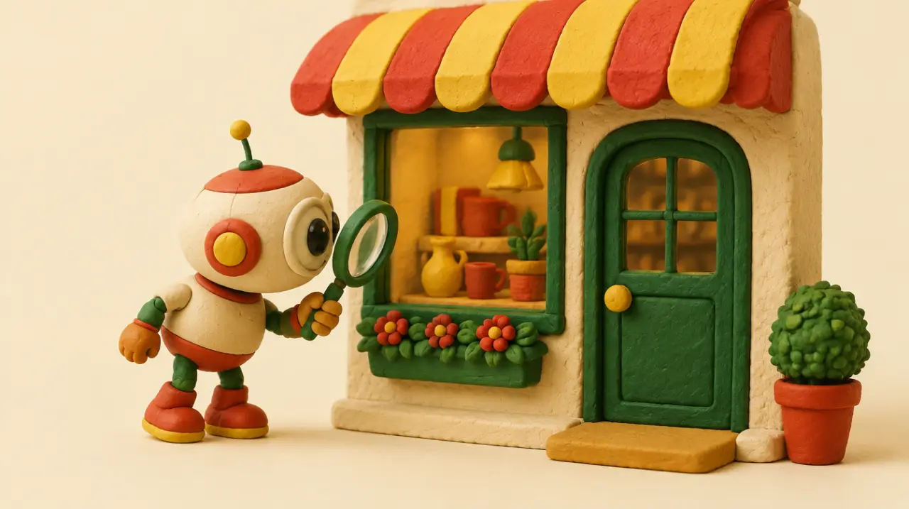 Claymation friendly little robot with a magnifying glass reading the window of a small shop