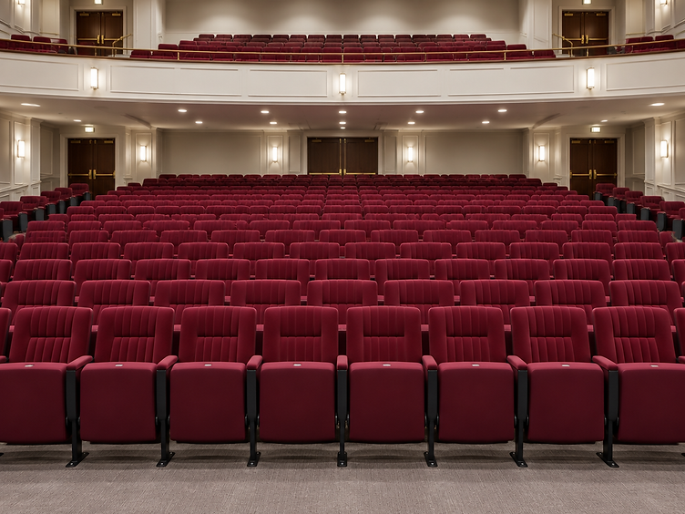 Newly re-upholstered burgundy auditorium seating after refurbishment