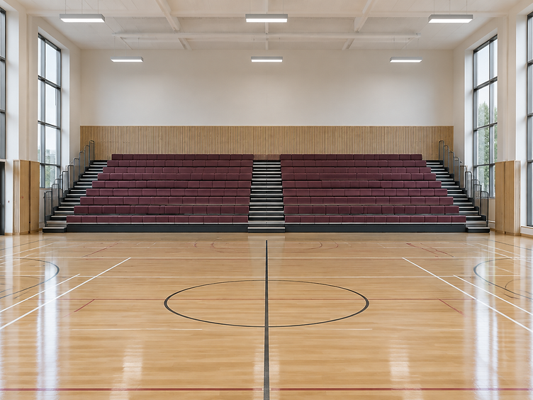 School hall with new tiered seating installed along the rear wall