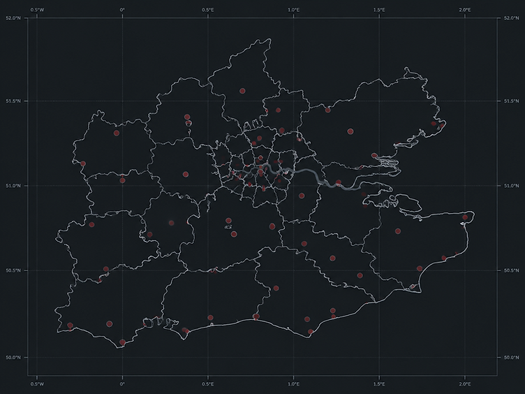 Stylised map showing service coverage across London, Essex, Kent, Surrey and Hertfordshire