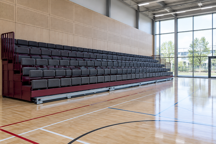 Modern retractable seating bank in a multipurpose sports hall