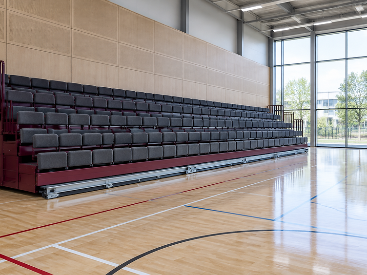 Modern retractable seating bank deployed along a sports hall wall