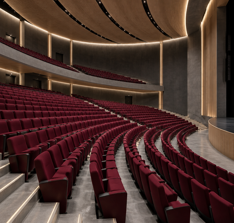 Sweeping curved tiers of burgundy auditorium seating