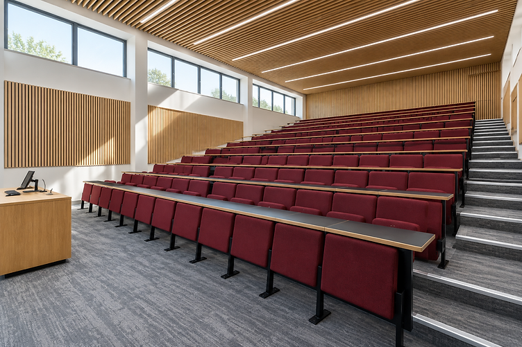 Tiered university lecture theatre with newly installed seating