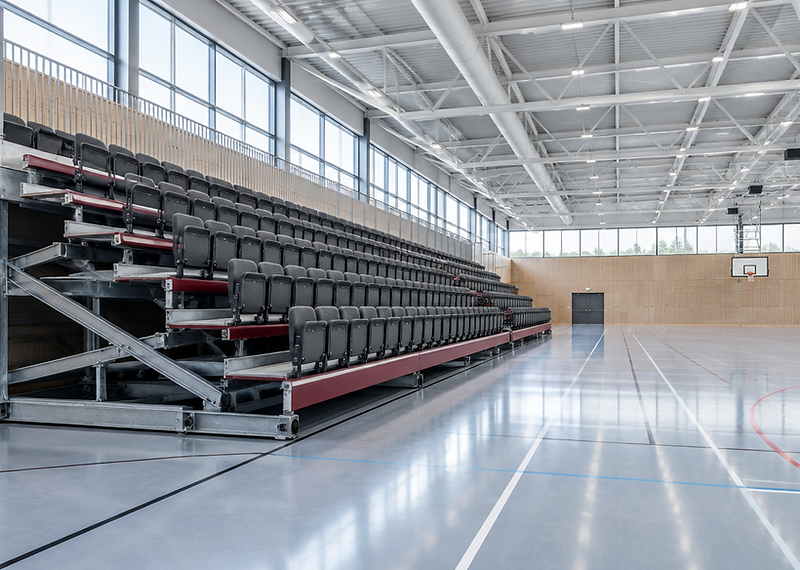Retractable telescopic seating bank deployed in a sports hall