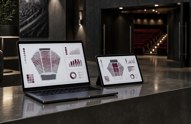 Seating asset dashboard displayed on a laptop in a theatre foyer