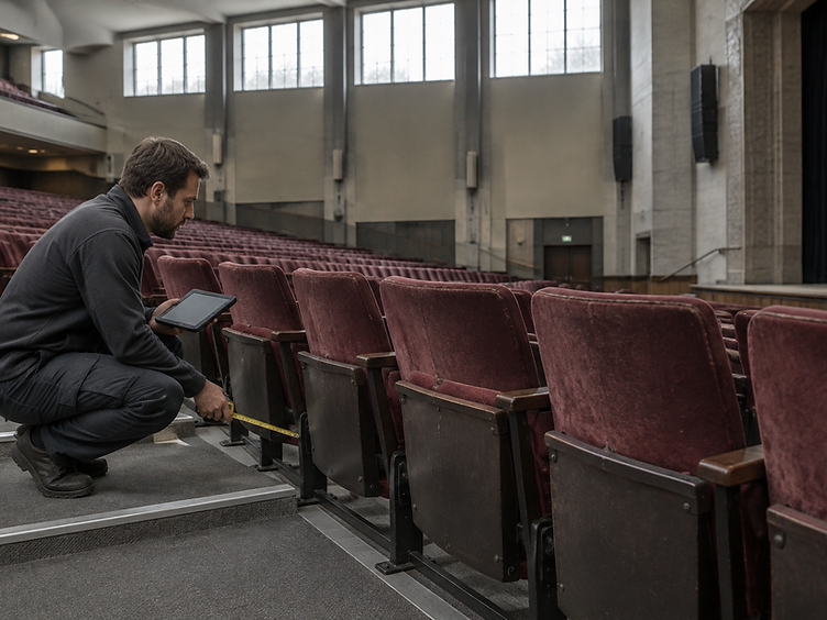 Specialist surveyor assessing a row of worn auditorium seats