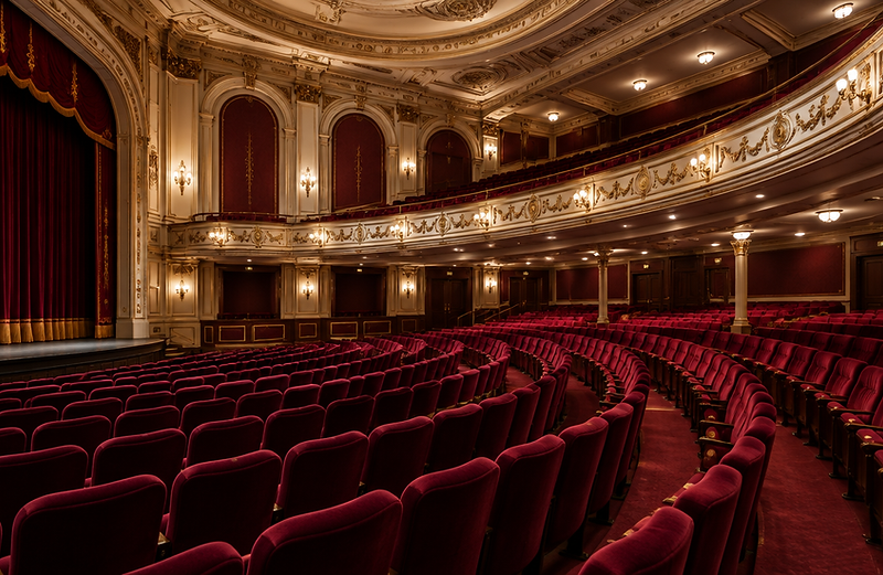 Refurbished theatre auditorium with immaculate burgundy velvet seating