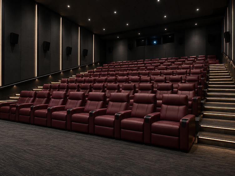 Premium cinema auditorium with burgundy reclining seats