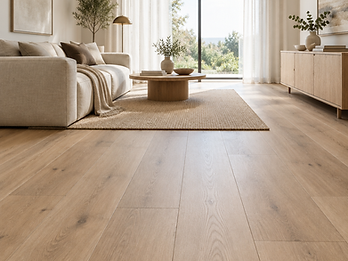 Ambiente residencial com piso laminado de padrão amadeirado claro