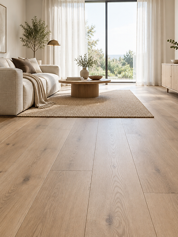 Ambiente residencial com piso laminado de padrão amadeirado claro
