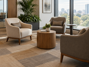 Lounge corporativo com placas modulares de carpete em tons neutros