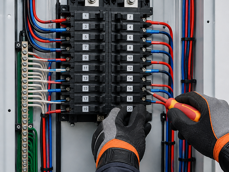 Profissional trabalhando em quadro de distribuição com fiação organizada