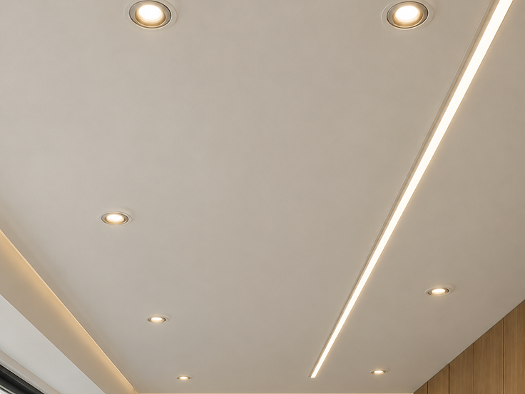 Detalhe de teto com spots embutidos e perfil de iluminação linear instalados