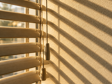 Detalhe das lâminas e do acionamento da persiana projetando sombras na parede
