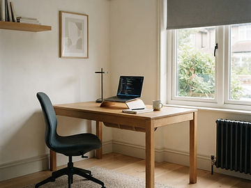 Home office com persiana roller parcialmente fechada e luz da manhã na mesa