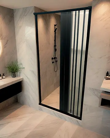 Box de vidro dobrável com perfil preto em banheiro com revestimento claro