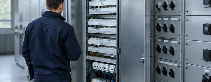 Engineer reviewing a commercial electrical distribution panel in a modern UK business premises