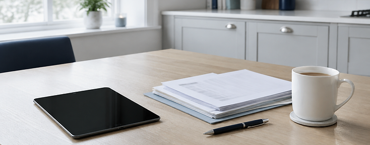 Bright kitchen table with a tablet, household paperwork and a mug of tea