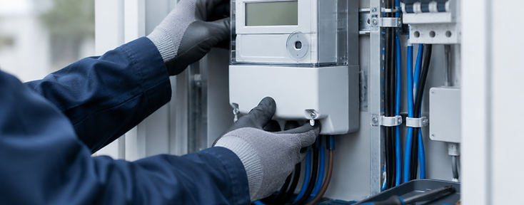 Technician installing a modern digital smart meter in a clean meter cabinet