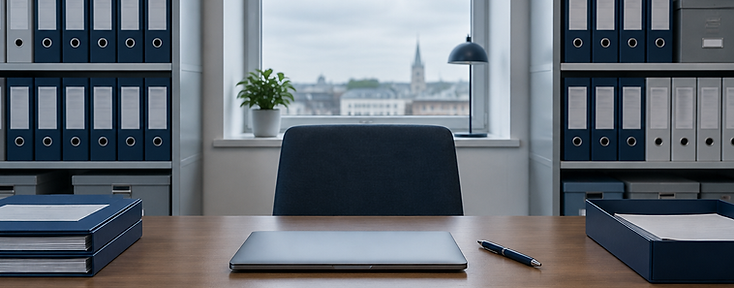 Organised archive desk with labelled document folders and a closed laptop