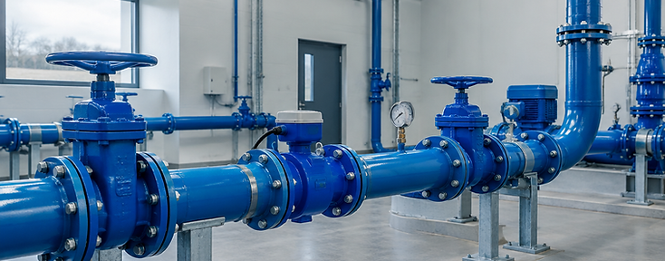 Clean commercial water services plant room with blue steel pipework and a water meter