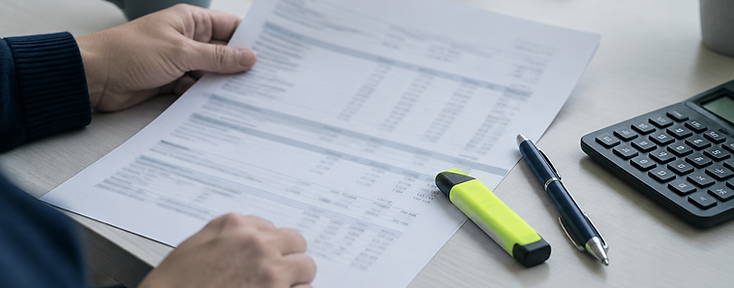 Hands reviewing a printed utility statement with a highlighter and calculator