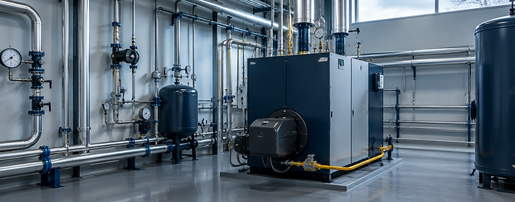Clean commercial gas plant room with steel pipework and a modern boiler unit