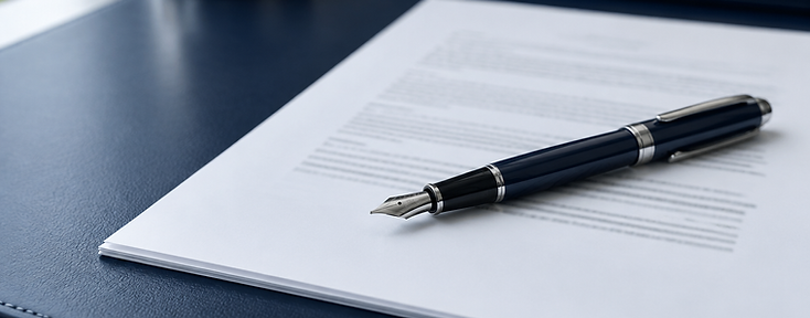 Fountain pen resting on a contract document on a navy desk pad