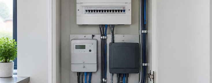 Modern UK home utility cupboard showing a consumer unit and electricity meter
