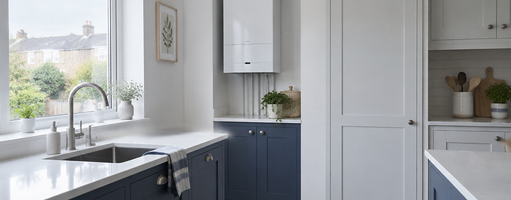 Bright modern British kitchen with a wall-mounted combi boiler in a utility alcove