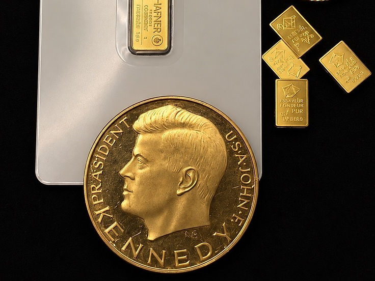 Goldmedaille, kleine Goldbarren und ein 1-Gramm-Barren in der Blisterkarte