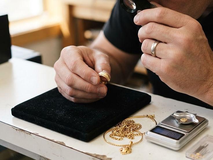 Hände prüfen einen Goldring mit der Lupe; daneben liegen Goldschmuck und eine Feinwaage