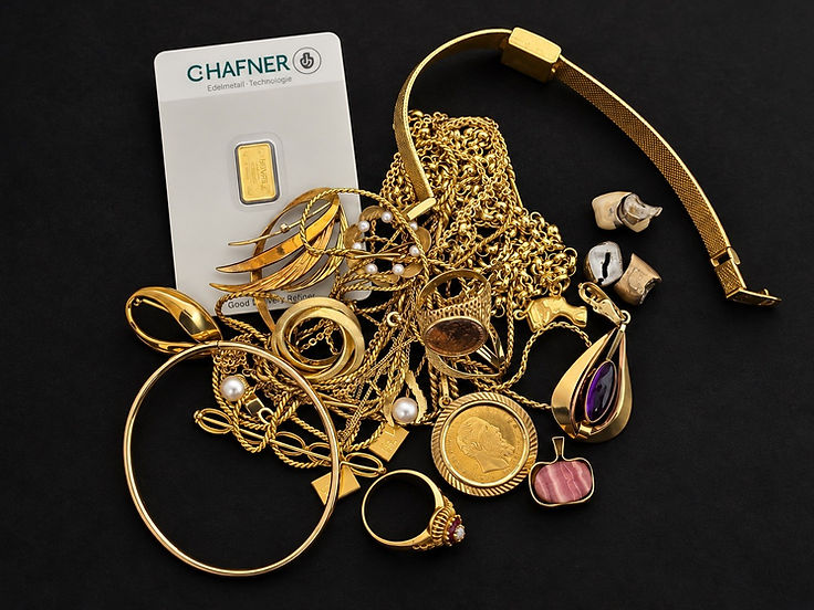 Goldschmuck: Ketten, Ringe, Armreif, Anhänger mit Edelsteinen und ein Uhrenarmband aus Gold