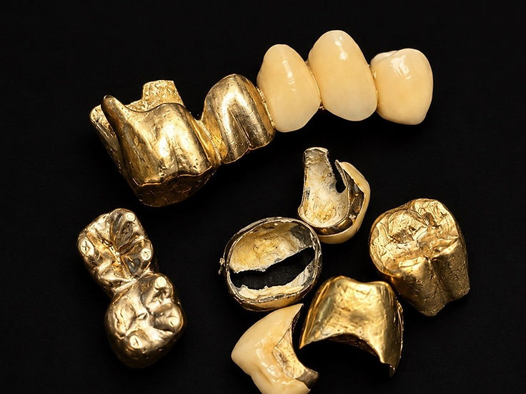 Zahngold: Goldkronen und eine Brücke, teils mit Keramik