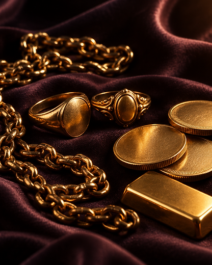 Goldbarren, Goldmünzen und Goldschmuck im warmen Licht