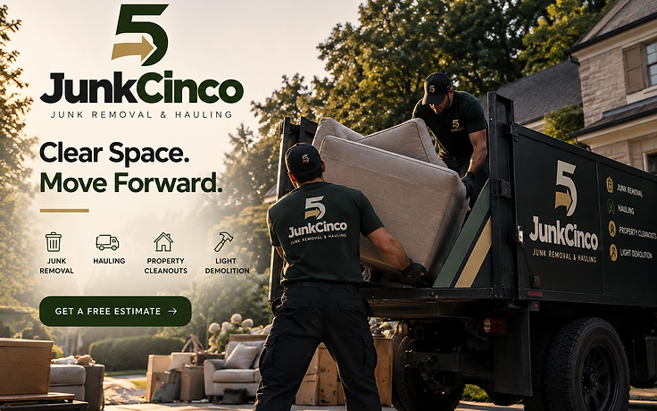 JunkCinco crew loading an armchair into their branded black truck