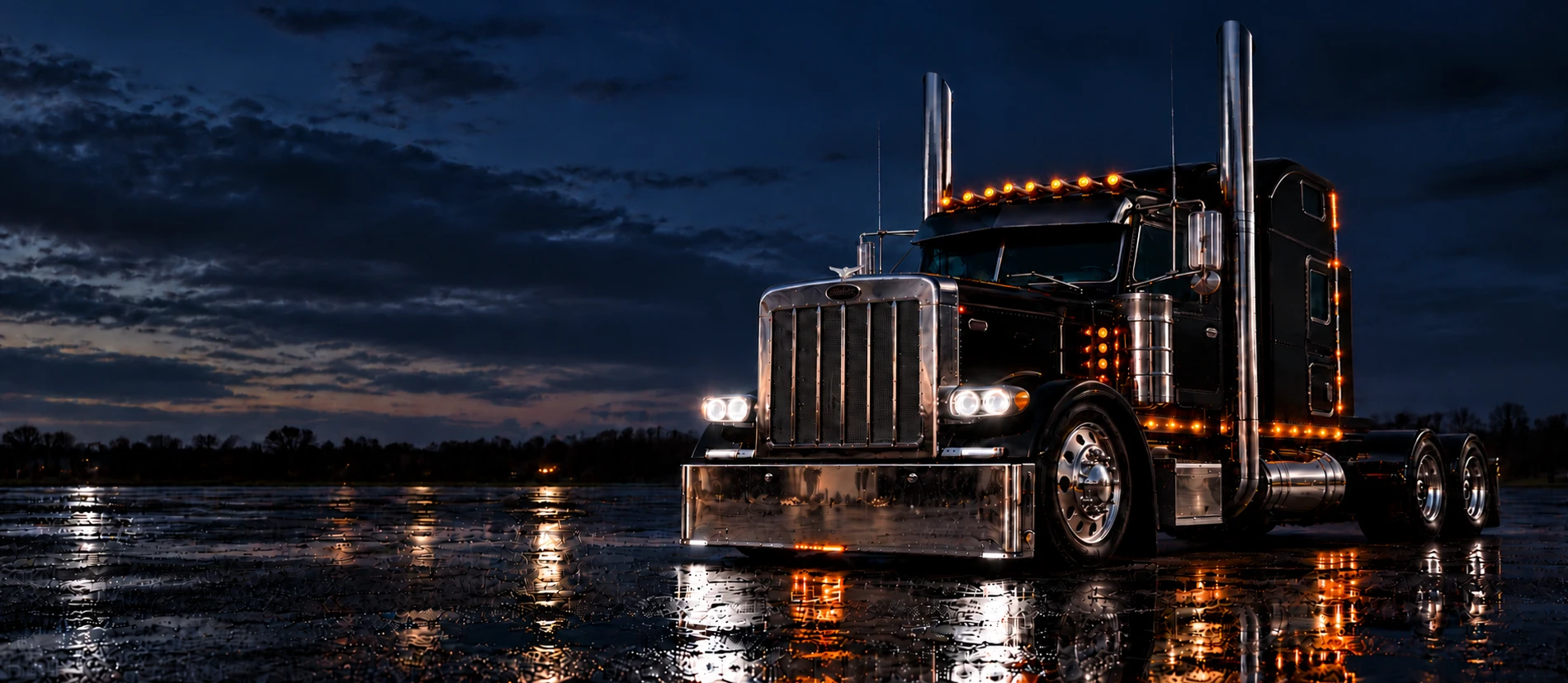 Black conventional tractor reflected in wet pavement at night