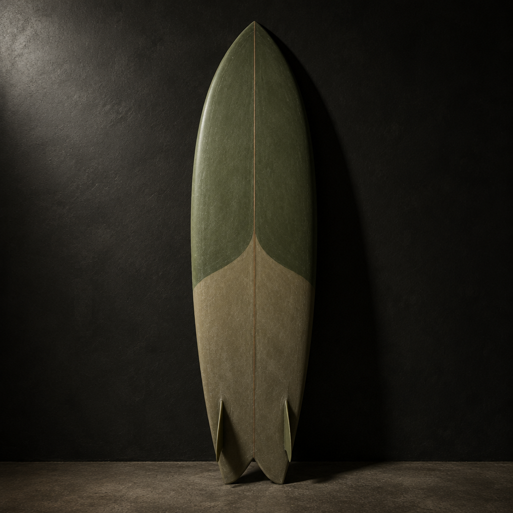 Sul Keel fish surfboard with a matte olive and khaki sanded finish