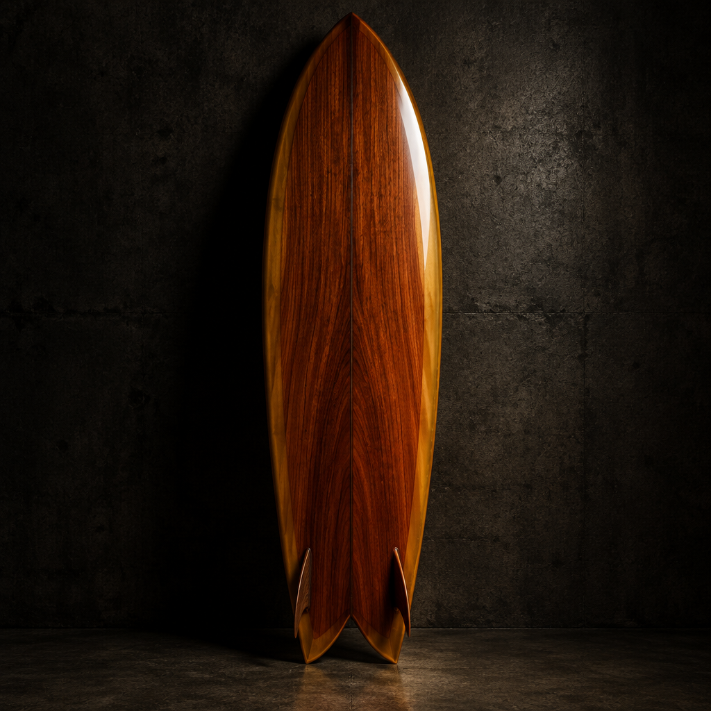 Foz Twin fish surfboard with a warm cedar-brown and amber resin tint and twin fins