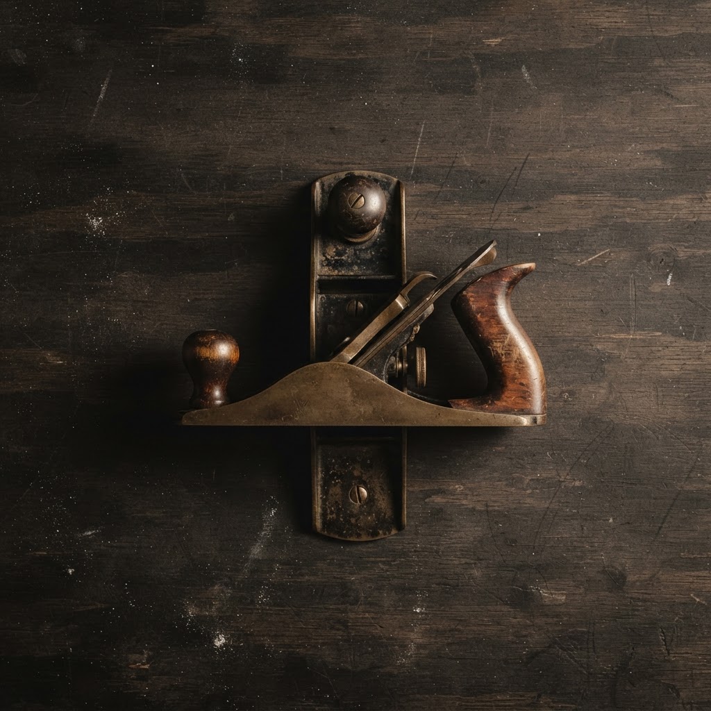 A brass and rosewood hand plane photographed from directly above on a dark bench.