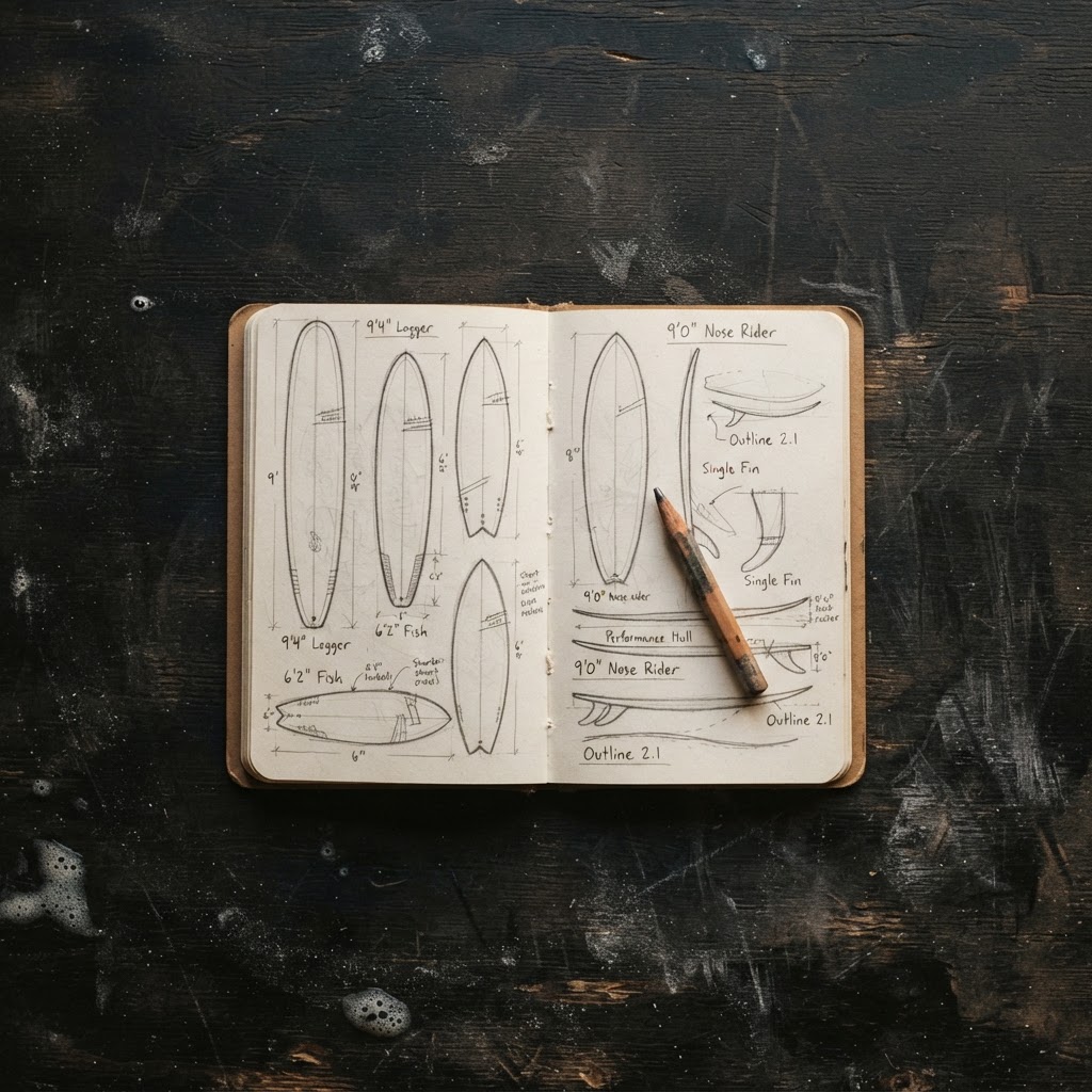 A small open notebook of hand-drawn surfboard outlines, photographed from above.